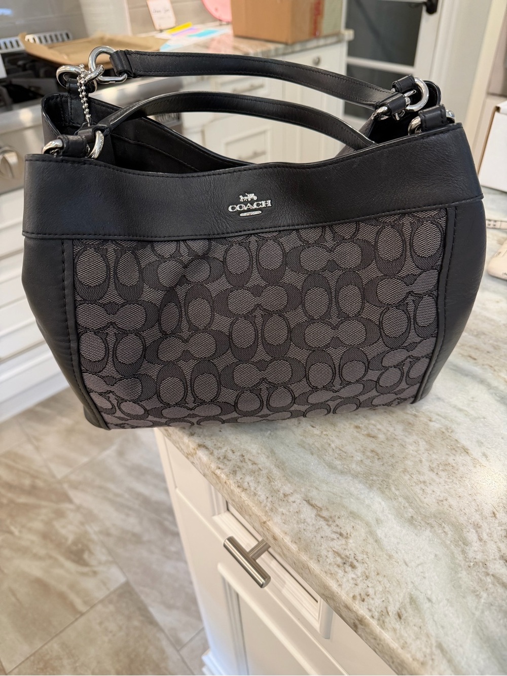Coach Black Signature Jacquard Shoulder Bag with Leather Trim